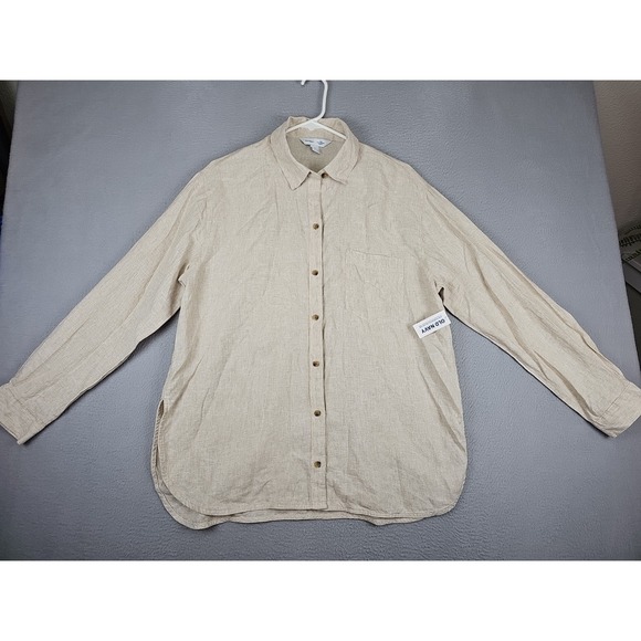New Old Navy Linen-Blend Button-Down The Boyfriend Shirt Size Medium Beige $40 - Picture 2 of 12